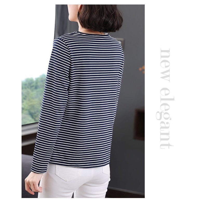 Áo thun tay dài dáng rộng họa tiết kẻ sọc thời trang cho phụ nữ trung niên