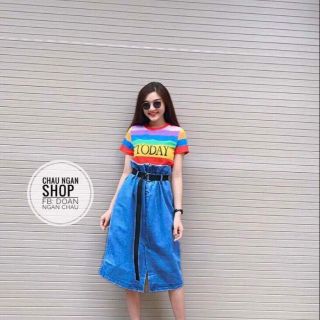 Set áo cầu vồng chân váy jeans