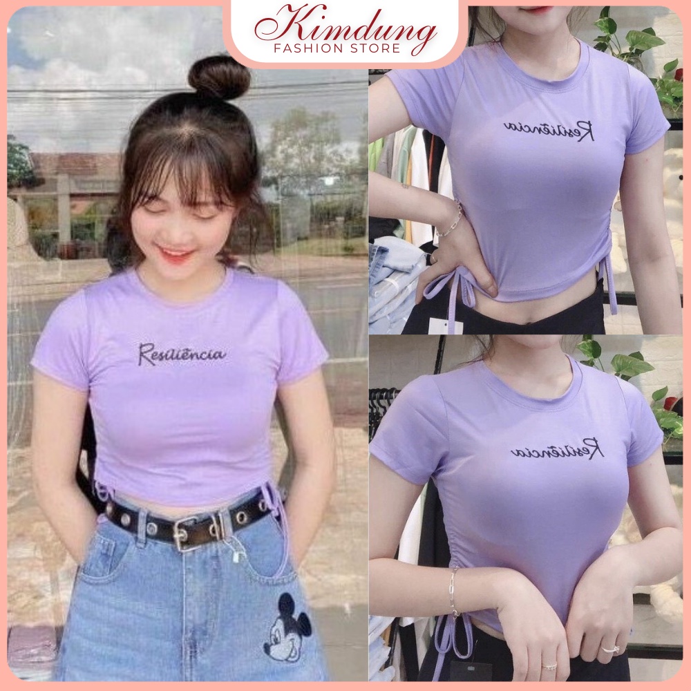 Áo crotop nữ tay ngắn rút dây bên hông ôm body siêu xinh màu Tím chất cotton co giãn 4 chiều - Kim Dung Fashion Store