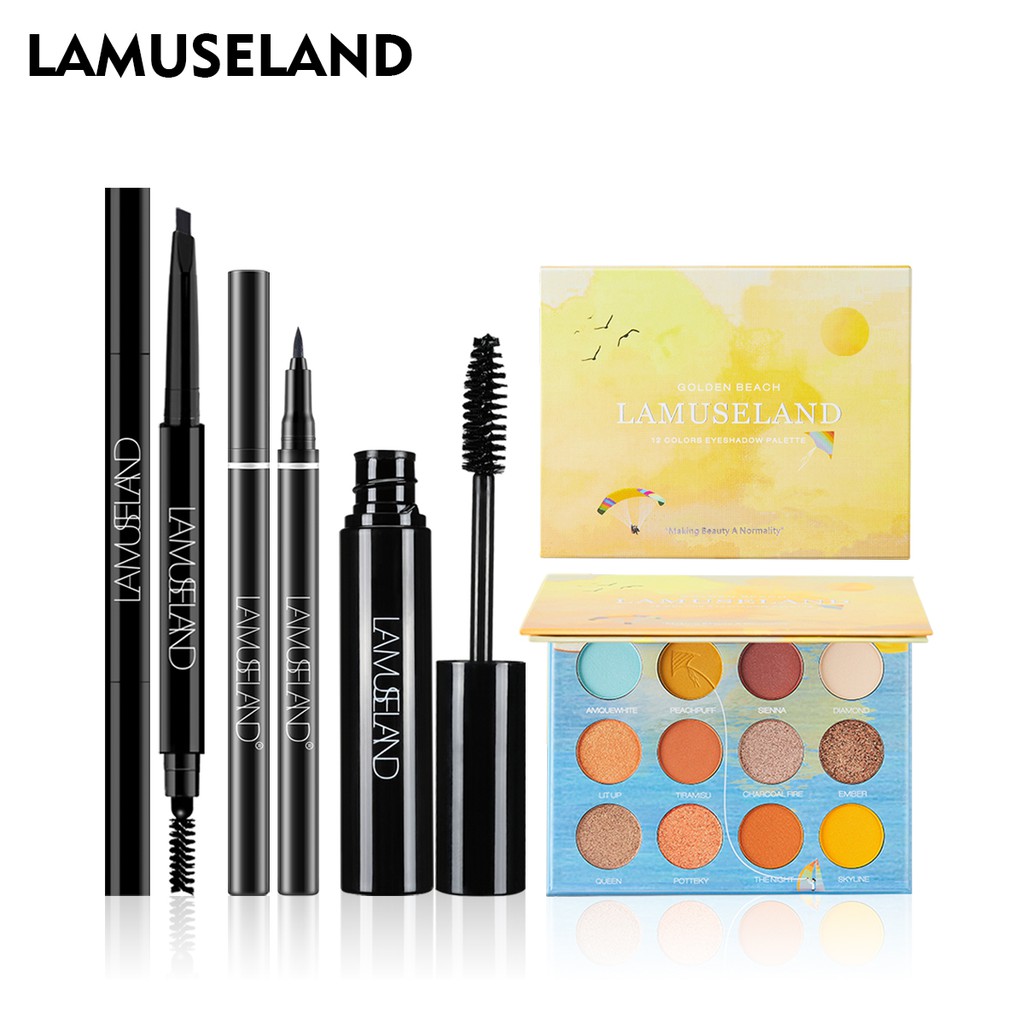 Bộ 3 mỹ phẩm trang điểm mắt LAMUSELAND LAS204 gồm mascara+bút kẻ mắt+bút kẻ lông mày+bảng phấn mắt chống thấm nước