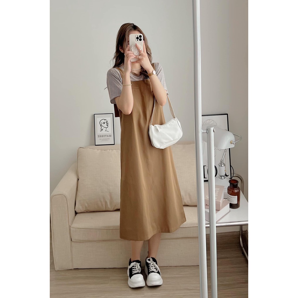 Set váy yếm kaki kèm áo thun kẻ co dãn chất đẹp hai màu