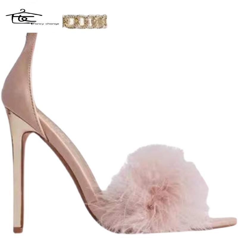 Giày Cao Gót Hở Ngón Phối Dây Xích Kim Loại Phối Lông Phong Cách Mới~2022