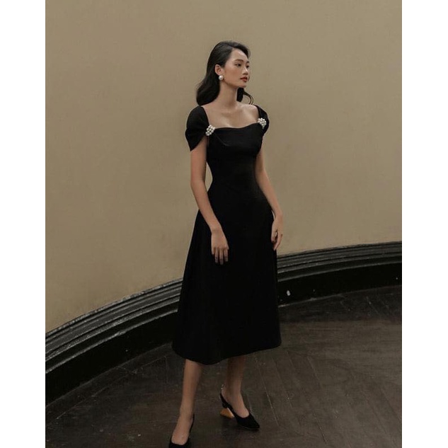 Đầm váy maxi 2 dây xòe dài ngọc trai, thiết kế dự tiệc hoặc đi biển trẻ trung xinh xắn duyên dáng