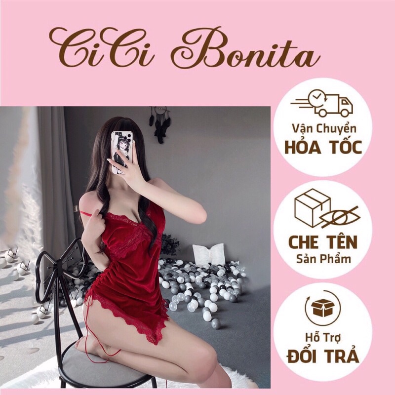 Đầm ngủ nữ/ Váy ngủ nhung phối viền ren vạt chéo dây rút hông quyến rũ hàng cao cấp Quảng Châu CICI BONITA HCM CV41