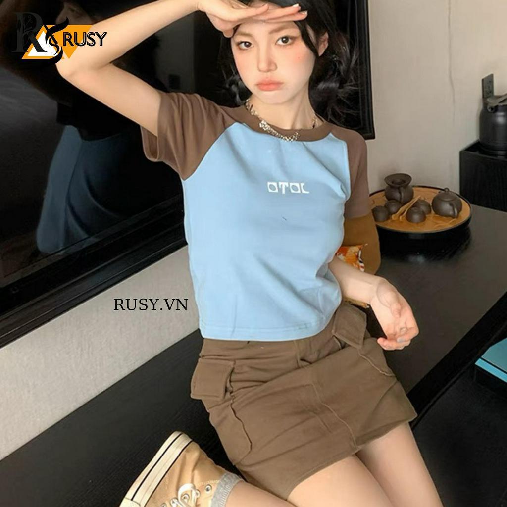 Áo Baby Tee Chất Cotton Co Giãn ,Áo Thun Form Fit Phối Tay RUSY