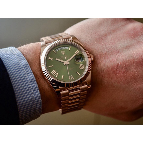 Đồng hồ Nam Rolex máy nhật day date dòng cơ Automatic size 41mm xanh lá vàng hồng số la mã
