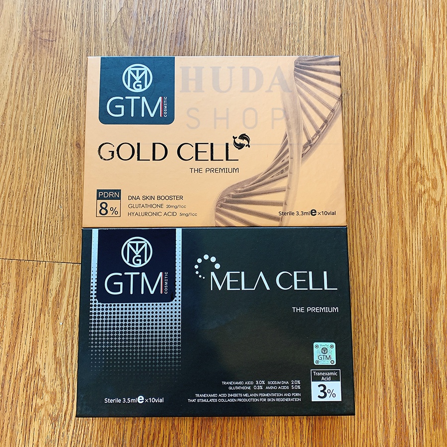 Cặp tinh chất căng bóng trắng sáng DNA cá hồi GTM Gold Cell 8% vàTinh chất mờ nám GTM Melacell chuẩn Hàn - Huda shop
