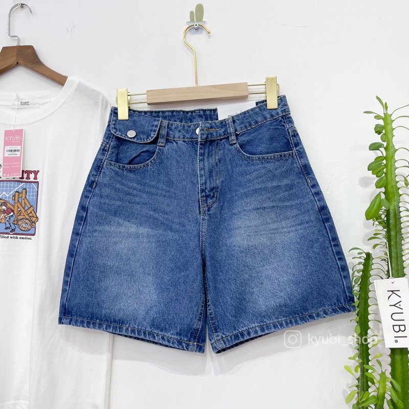 Quần short jean ngố nữ lưng cao Ulzzang Kyubi có nắp túi cá tính [Jean Đậm Nhạt] - Jean Ngố Kyubi JN5T