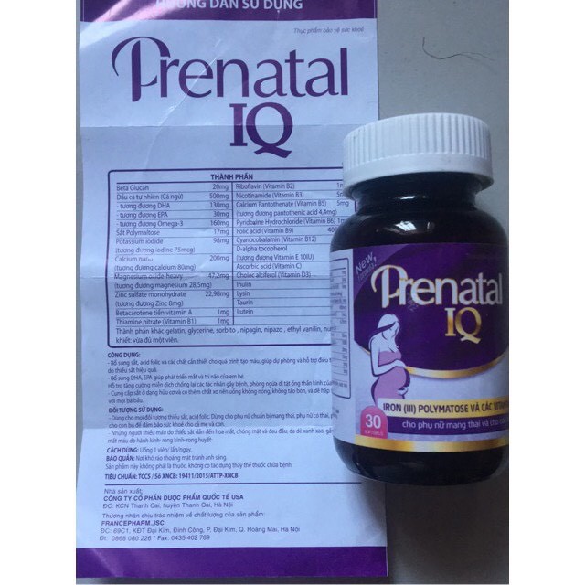 Viên bổ bầu Prenatal IQ bổ sung sắt và vitamin cho bà bầu (30 viên)