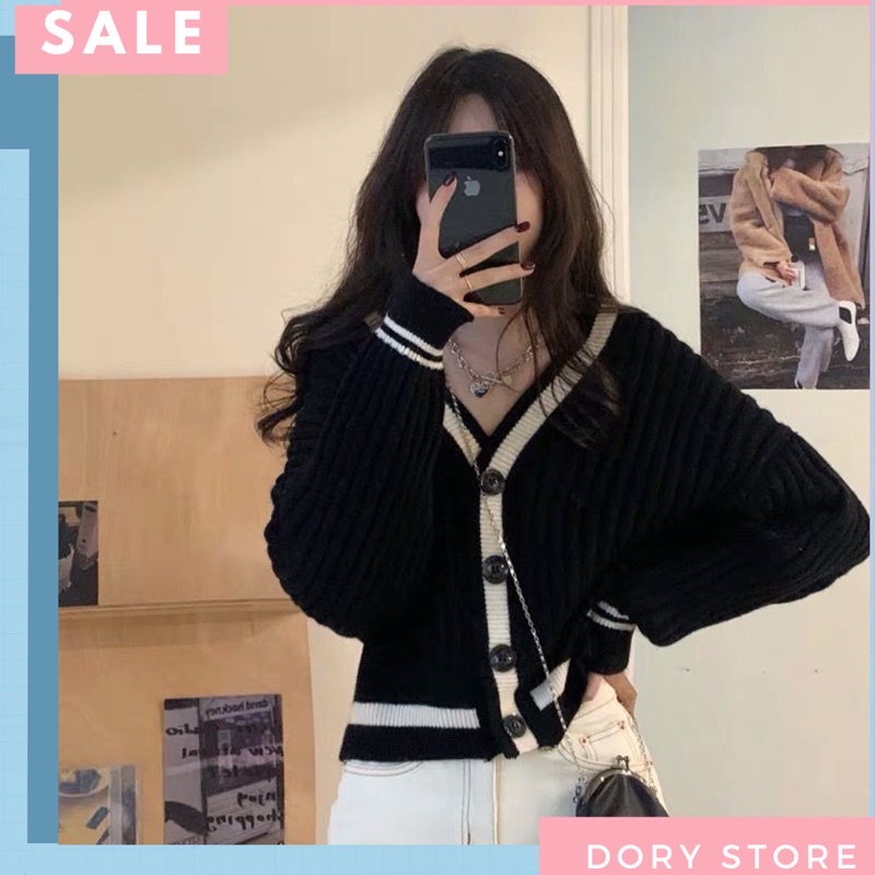 Áo Cardigan nữ đẹp cổ V dày dặn màu trắng đen phong cách hàn quốc