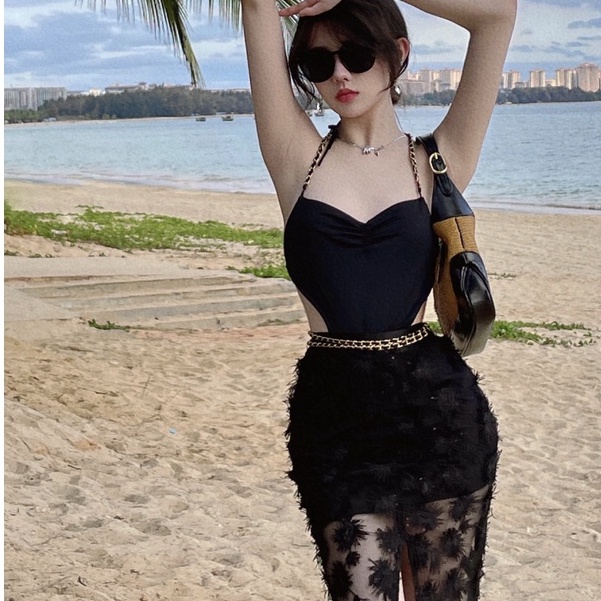 Set Áo Yếm Màu Đen + Chân Váy Hoa Lưng Cao Phong Cách Trung Hoa Thời Trang Mùa Hè Dành Cho Nữ