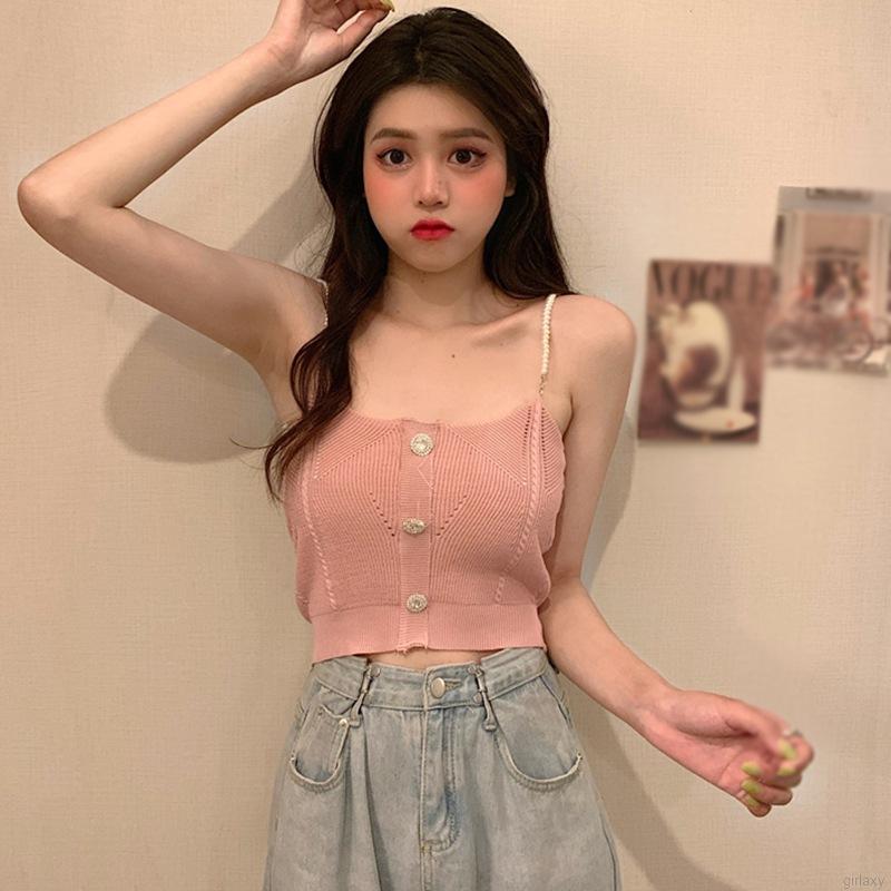 Áo Dáng Ngắn Hai Dây Ngọc Trai Quyến Rũ Thời Trang Cho Nữ