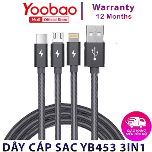 Dây cáp sạc YOOBAO YB453 3 IN 1 Lightning, microUSB, type C, bọc vải dù siêu bền, dài 1.2m