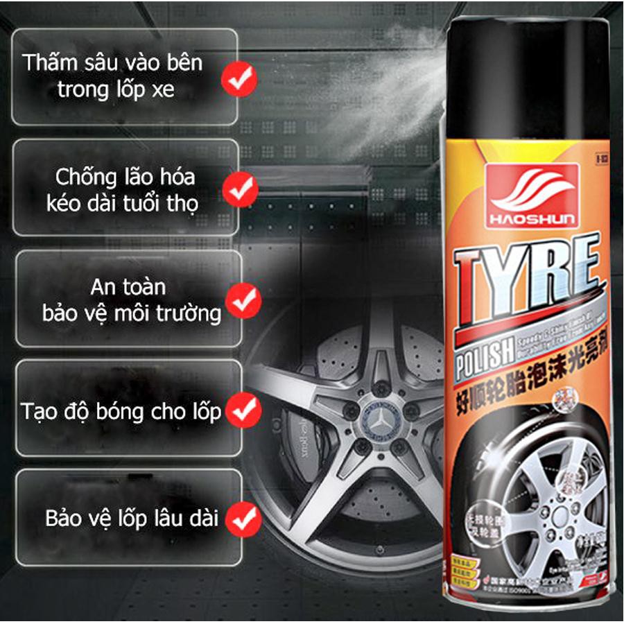 Chai xịt làm mới lốp bánh Xe ô tô, xe máy,loại bỏ mốc bẩn trên cao su đen, Chai lớn 650ml - TYRE POLISH