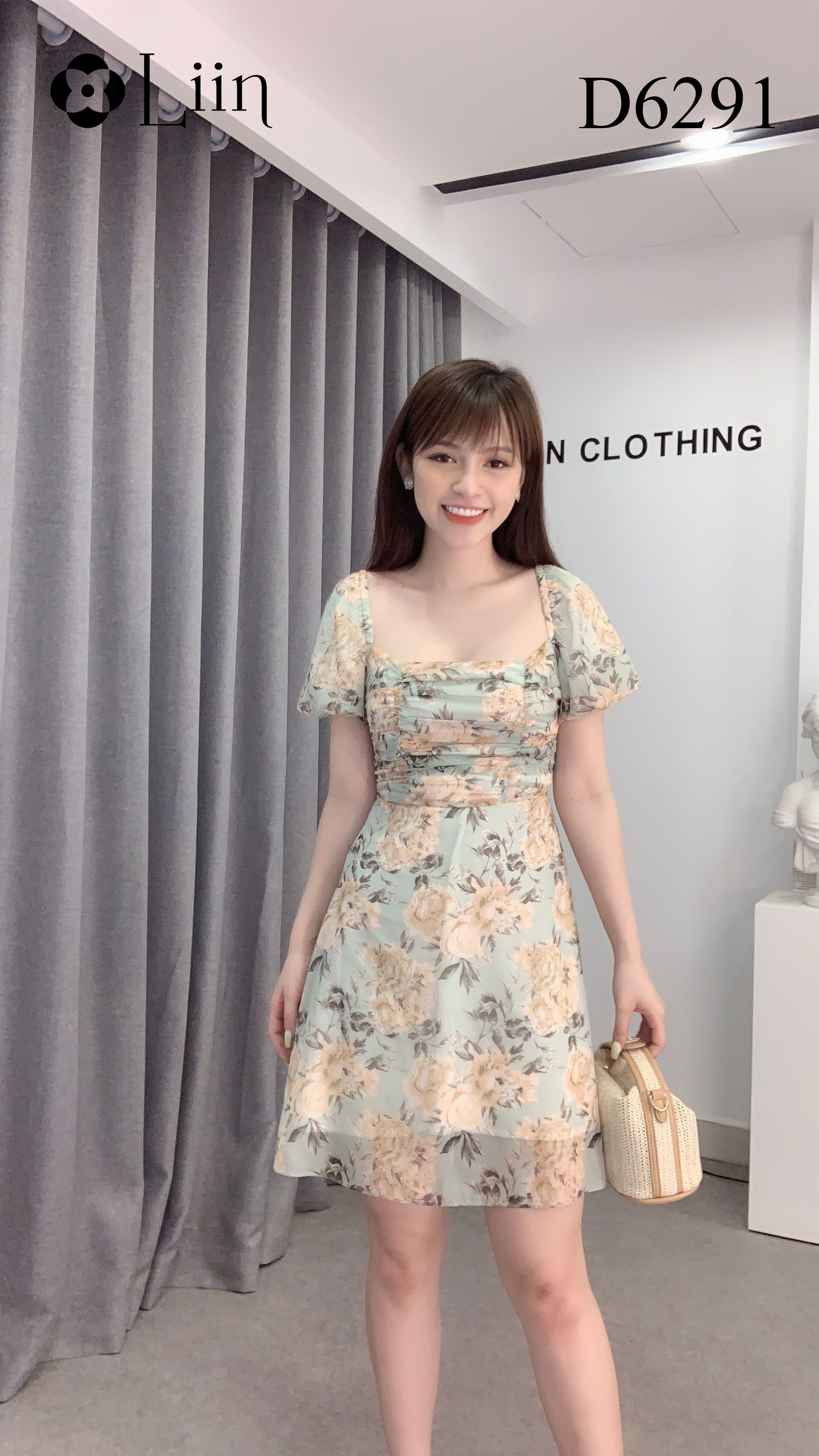 Đầm ôm nữ Linbi họa tiết hoa xanh, vai bồng xinh xắn liin clothing D6291 | BigBuy360 - bigbuy360.vn