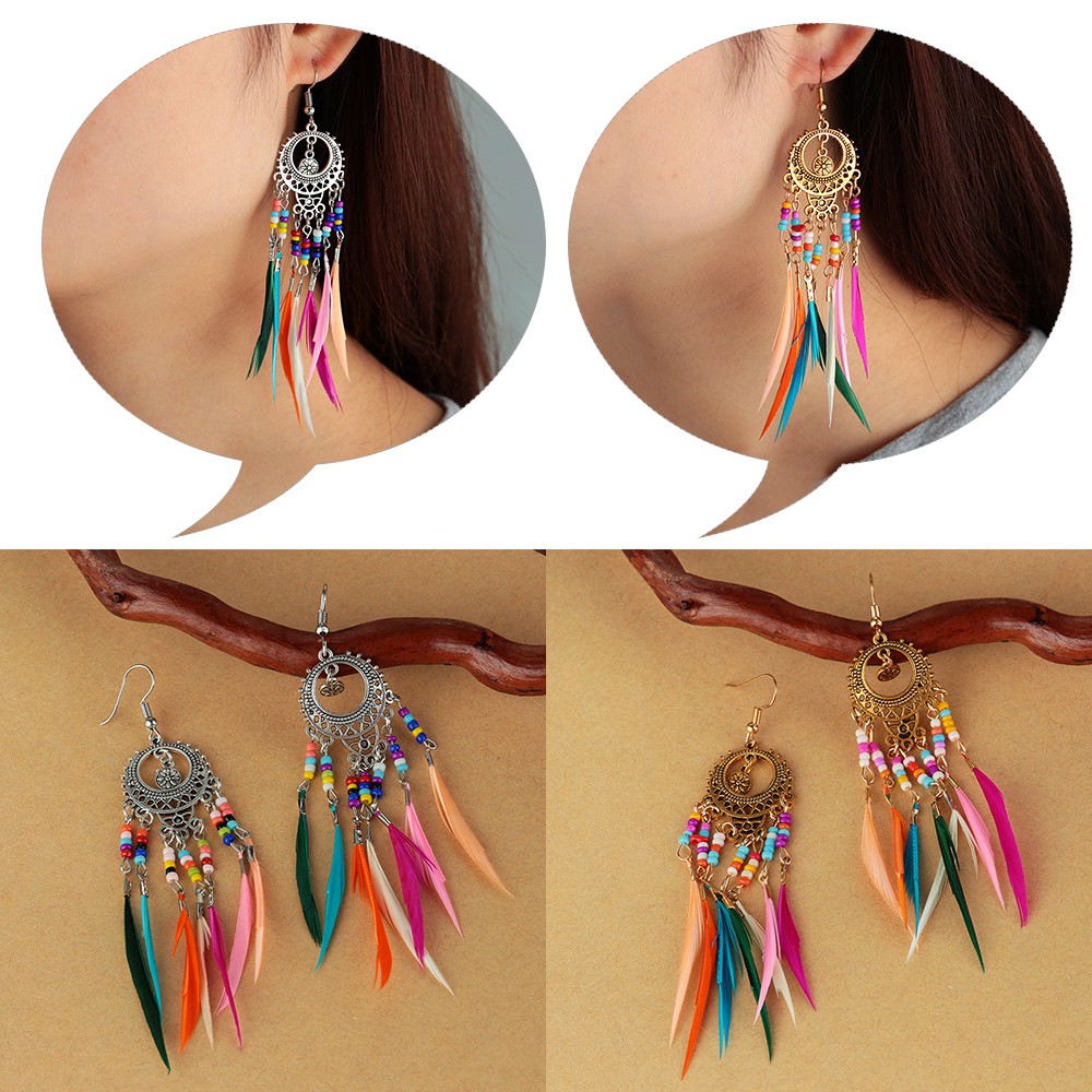 Khuyên Tai Trang Sức Dành Cho Nữ|Khuyên Tai Dáng Dài Phối Lông Vũ Nhiều Màu Sắc Phong Cách Boho Cổ Điển