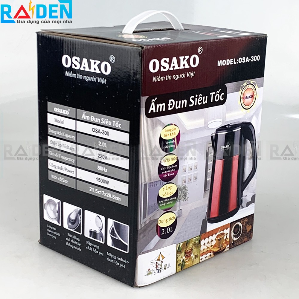 Ấm siêu tốc 2 lớp Osako OSA-300 dung tích 2L, lòng ấm bằng inox 304 đúc nguyên khối (Màu ngẫu nhiên)