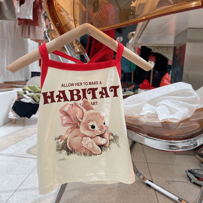 Áo Hai Dây Mùa Hè Mềm Mại Thoải Mái In Họa Tiết Thỏ Dễ Thương Hợp Thời Trang Phong Cách Hàn Quốc Cho Bé Gái