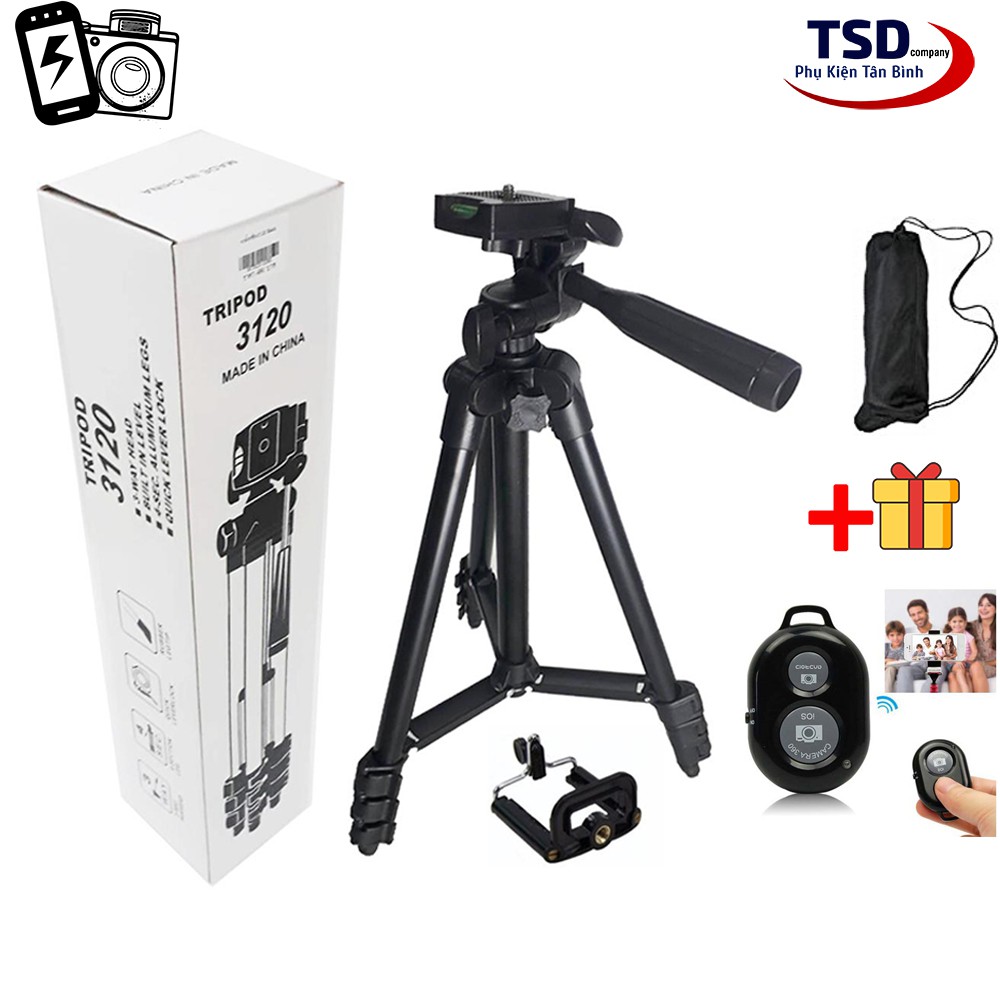 Combo Gậy Chụp Hình Tripod 3 Chân Thân Nhôm TF 3120 Cho Điện Thoại, Máy Ảnh Tặng Kèm Remote