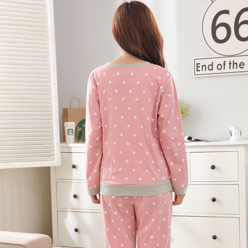 Bộ Đồ Ngủ Pijama Dài Tay Họa Tiết Chấm Bi Đáng Yêu Cho Nữ