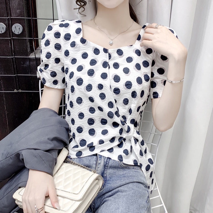 Áo Chiffon Cổ Vuông Tay Ngắn Họa Tiết Chấm Bi Thời Trang Mùa Hè Cho Nữ