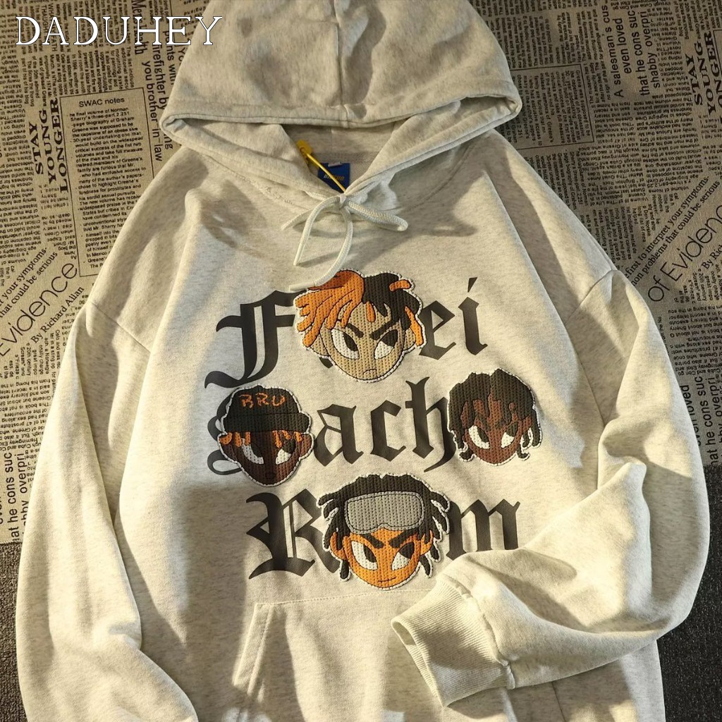 DaDuHey Men's American-Style Leisure Washed-out Vintage Distressed Printed Crew Neck Casual Hooded Sweater