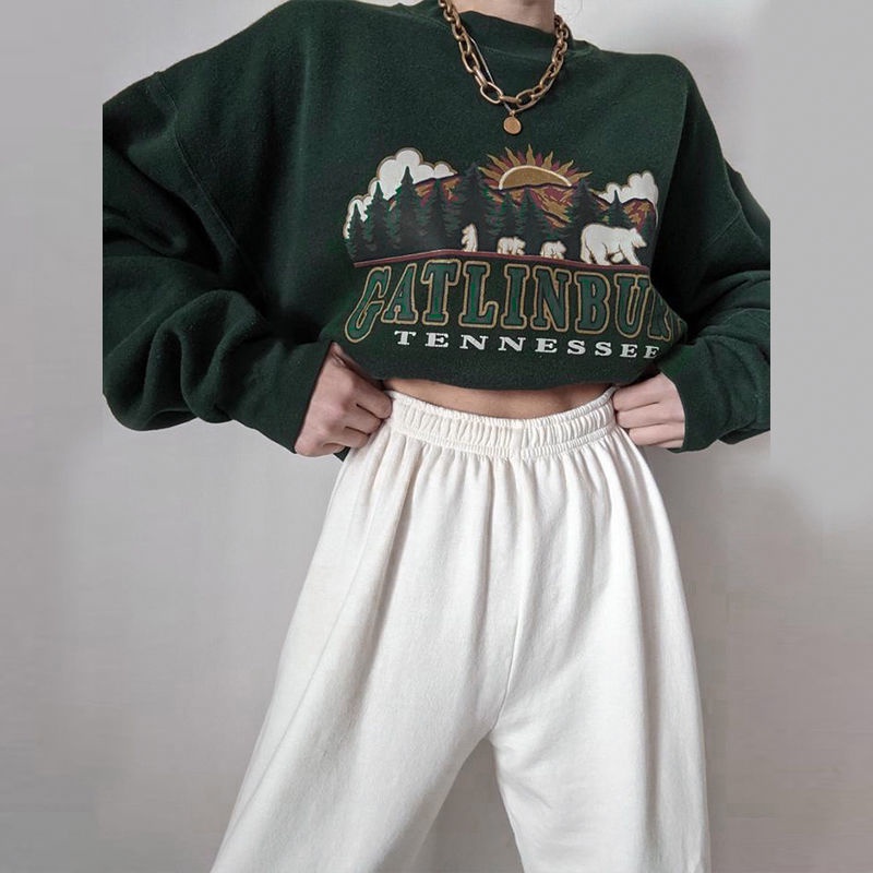 Áo sweater kiểu chui đầu dáng rộng mỏng in hình thời trang xuân thu phong cách Retro