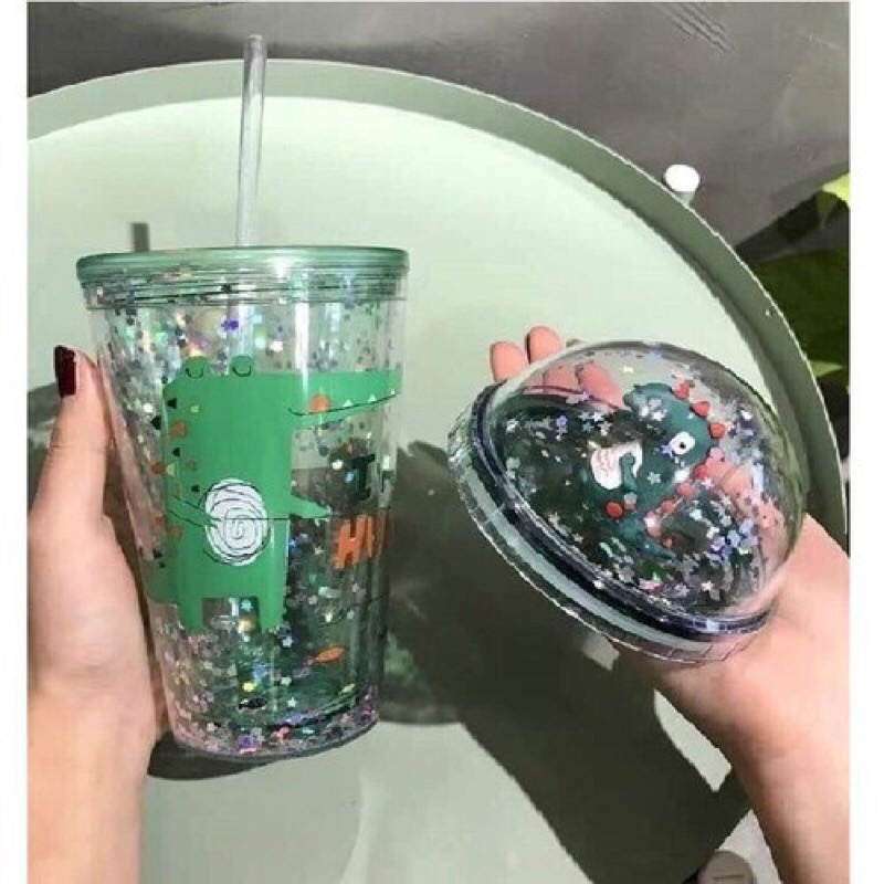 Ly Đựng Nước❤️DEAL SỐC[FREESHIPCốc Đựng Nước Nhũ Kim Tuyến Hình Khủng Long 500Ml Kèm Ống Hút