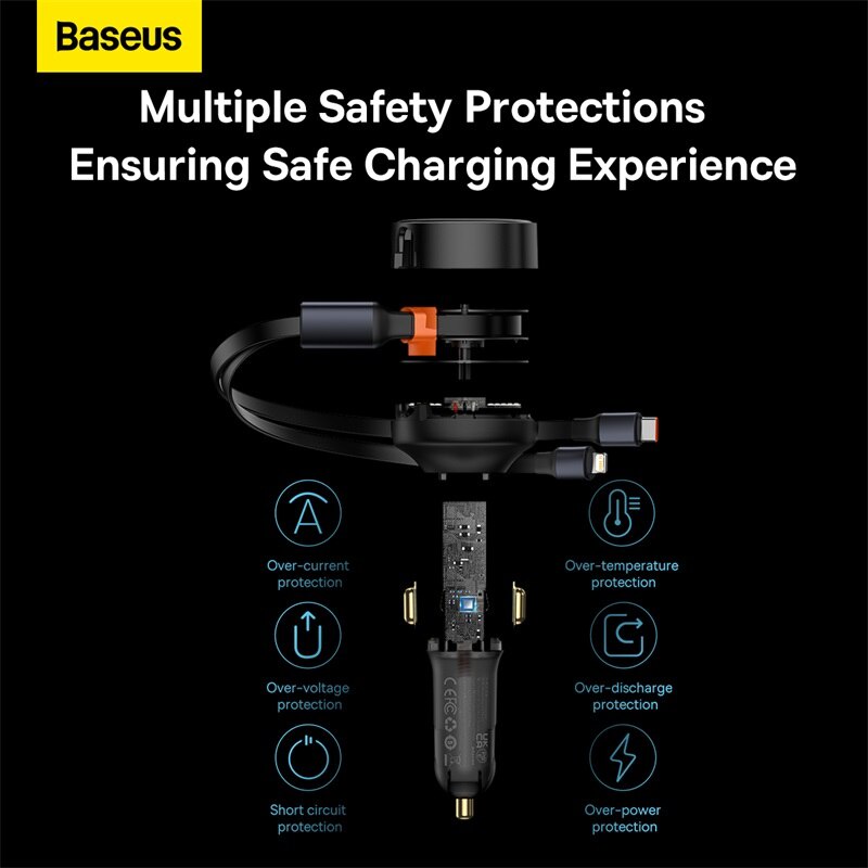 Tẩu sạc sạc nhanh Baseusss PD 20w 2 trong 1 với cáp dây rút 30w dành cho mọi dòng điện thoại.