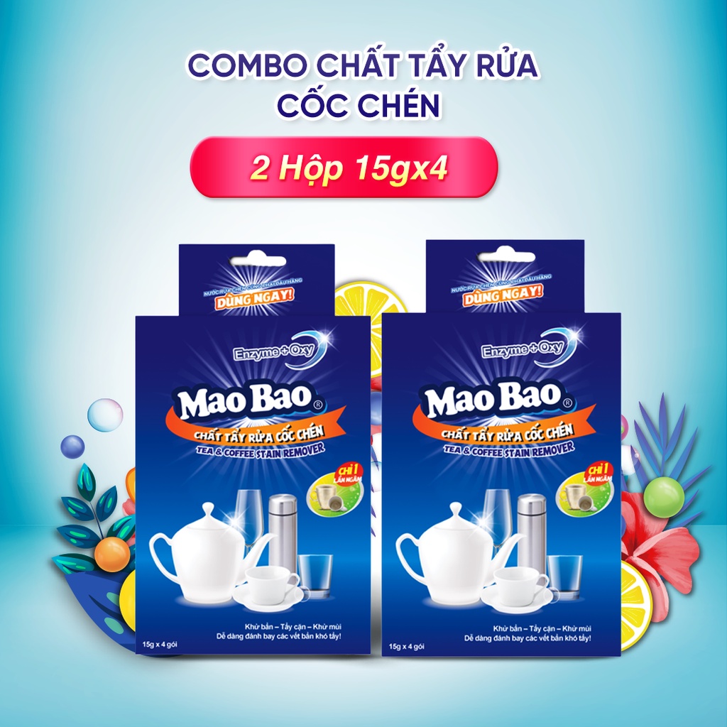 Chất Tẩy Rửa Cốc Chén siêu Sáng Bóng - Tea &amp; Coffee Stain Remover Mao Bao hộp 15g x 4 gói - 2 hộp