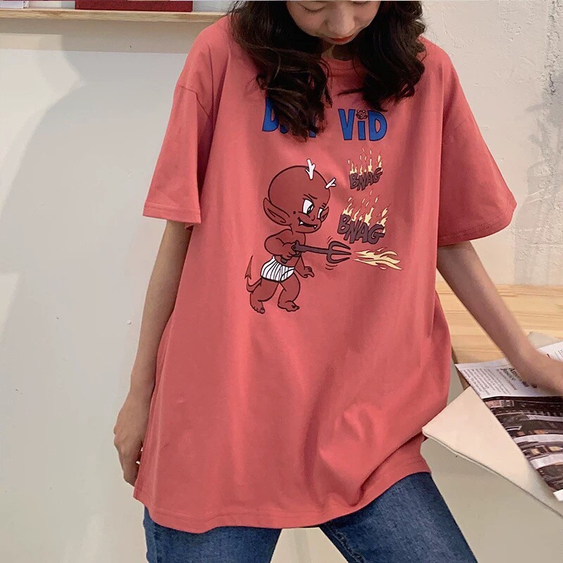 Áo thun nữ form rộng tay lỡ giấu quần dáng unisex ,mặc cặp nhóm , lớp in hình dễ thương
