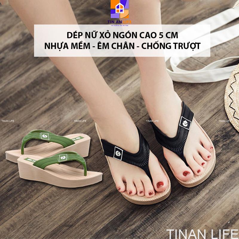 Dép Nữ Xỏ Ngón Cao 5cm, Êm Chân, Bám Sàn Không Trơn Trượt