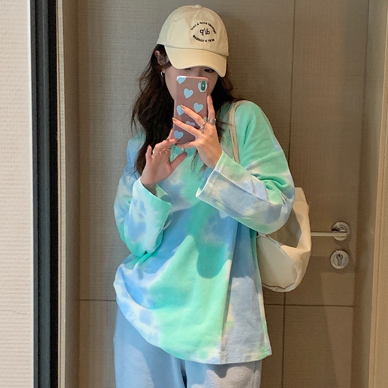 SUXI Áo Thun Tay Dài Nhuộm Màu Dáng Rộng Thời Trang Xuân Thu