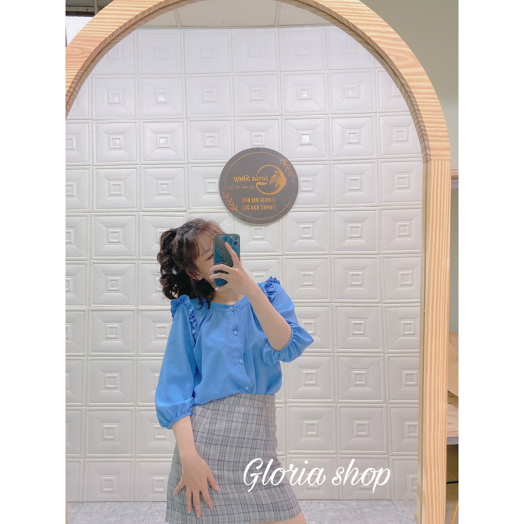 Áo sơ mi công sở cổ tròn nhấn bèo vai tay lửng màu xanh thanh lịch thời trang Gloria shop