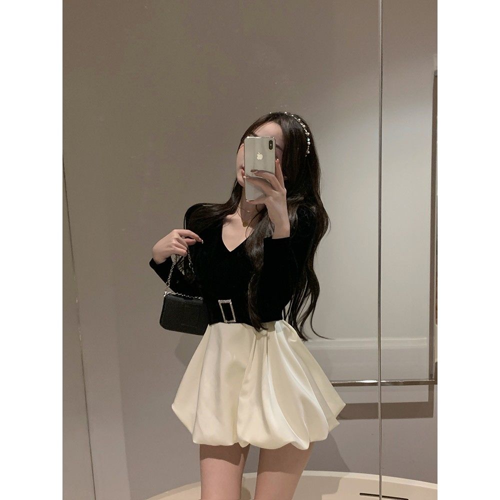 COZOK Đầm Nữ Tay Dài Cổ Chữ V Nhấn Eo Thời Trang