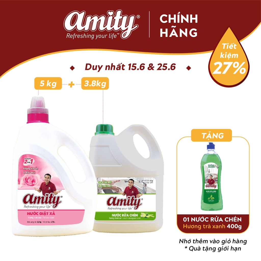 Combo Nước Giặt xả AMITY 5kg + Nước Rửa Chén AMITY 3.8Kg - Tặng 1 chai Nước Rửa Chén 400gr