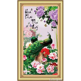 Tranh thêu chữ thập 3d chim công hoa khai phú quý. kích cỡ : 44x79cm