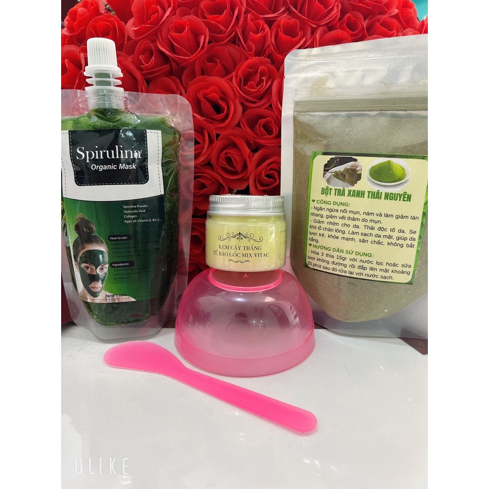 Combo sủi tảo +kem cấy trắng tế bào gốc mix vitac( tặng bột trà xanh 100gr, bát thìa)