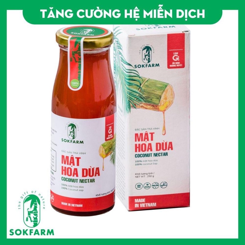 Mật hoa dừa Sokfarm Trà Vinh - Chai 250g và 65g- Sản phẩm thuần chay, có chỉ số đường huyết thấp, tăng sức đề kháng