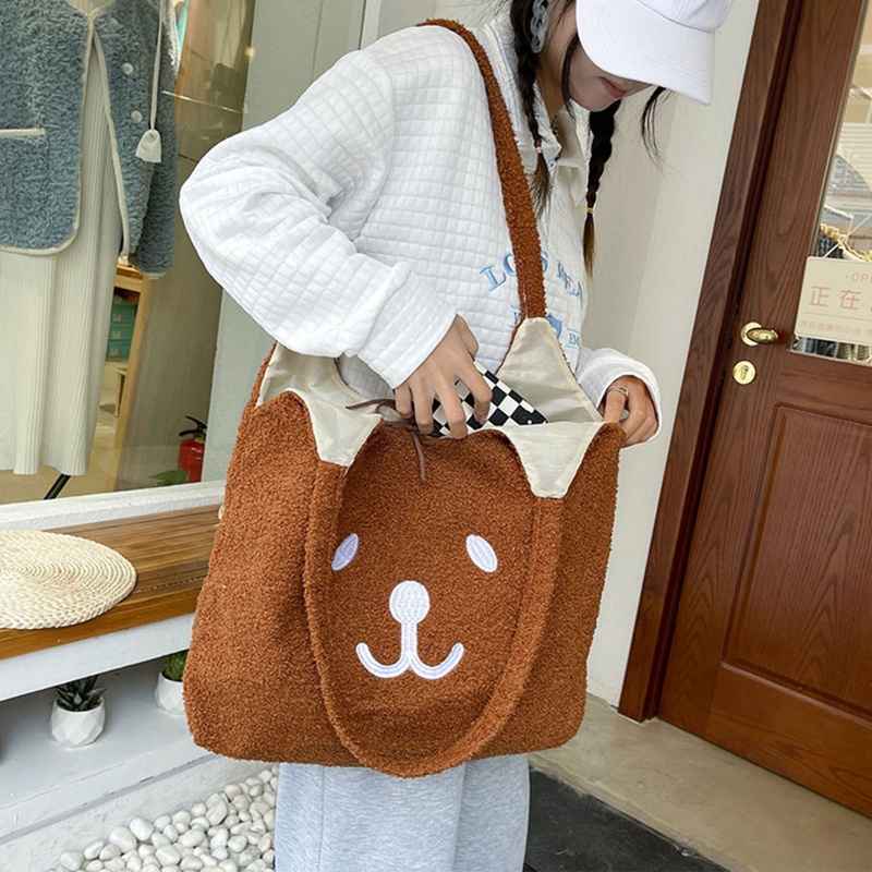 Túi Tote Đeo Vai / Xách Tay Bằng Vải Bông Thêu Hình Gấu Hoạt Hình Sức Chứa Lớn Cho Nữ