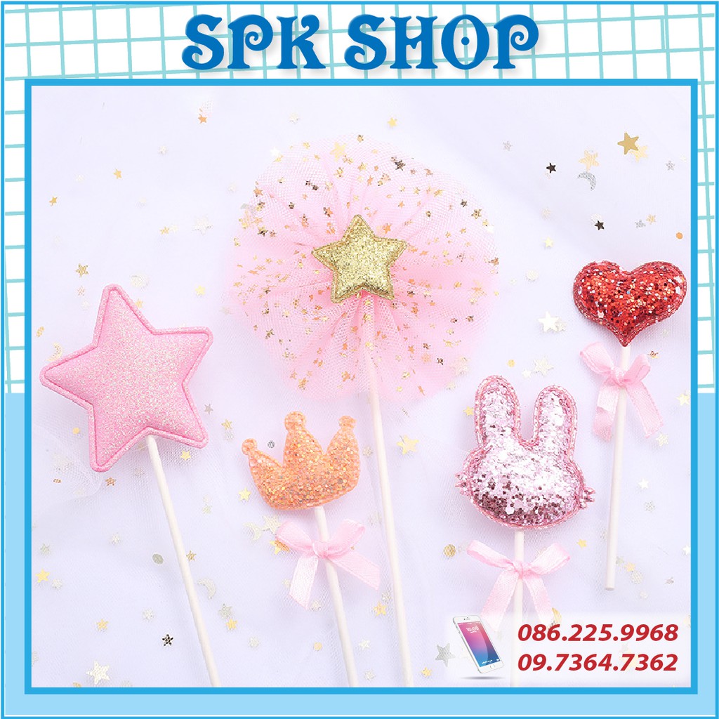 [FREESHIP❤️] Set Cây Hiện Đại Bộ 5 sản phẩm - Set Tim Sao Vương Miện Hồng- Trang trí bánh kem, trang trí bánh sinh nhật