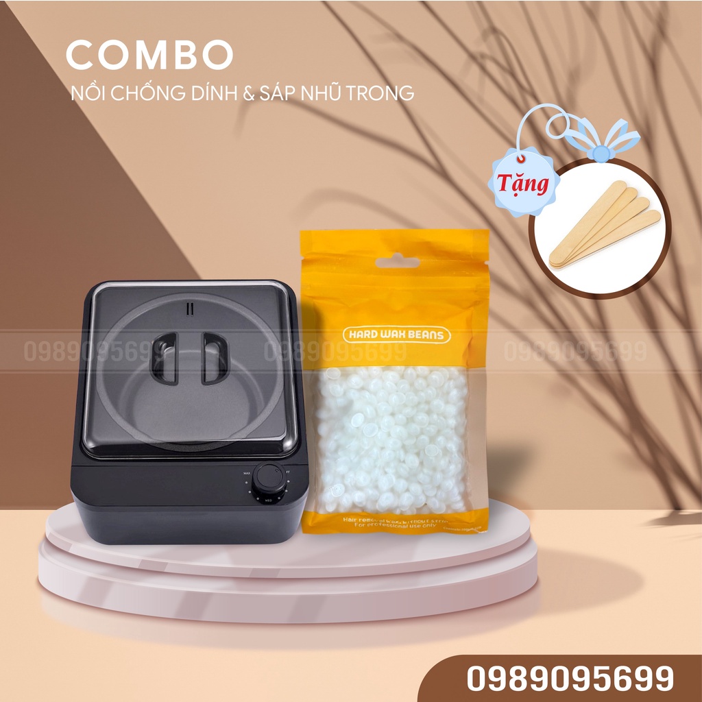 COMBO Nồi nấu sáp Chống Dính kèm 100g sáp Hard Wax Beans Thơm cao cấp tặng que gỗ to