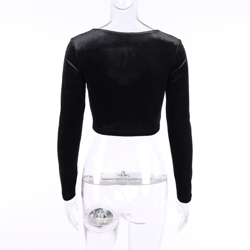 Áo thun croptop tay dài cổ chữ V khoét sâu bằng vải nhung phối ren phong cách gothic Harajuku quyến rũ cho nữ 10MK