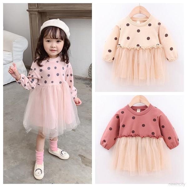 Đầm lưới chấm bi dài tay phong cách Hàn Quốc dễ thương dành cho bé gái