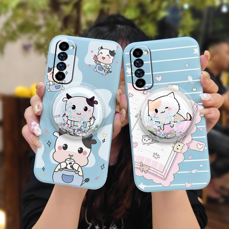 Ins Glitter Phone Case For OPPO Reno4 Pro 4G phone case quicksand Rotatable stand Liquid silicone shell Anti-fall Cartoon