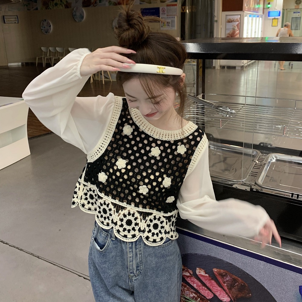 【ZHELIHANGFEI】Áo Len Tay Dài Lưng Cao Viền Ren Theo Phong Cách Preppy