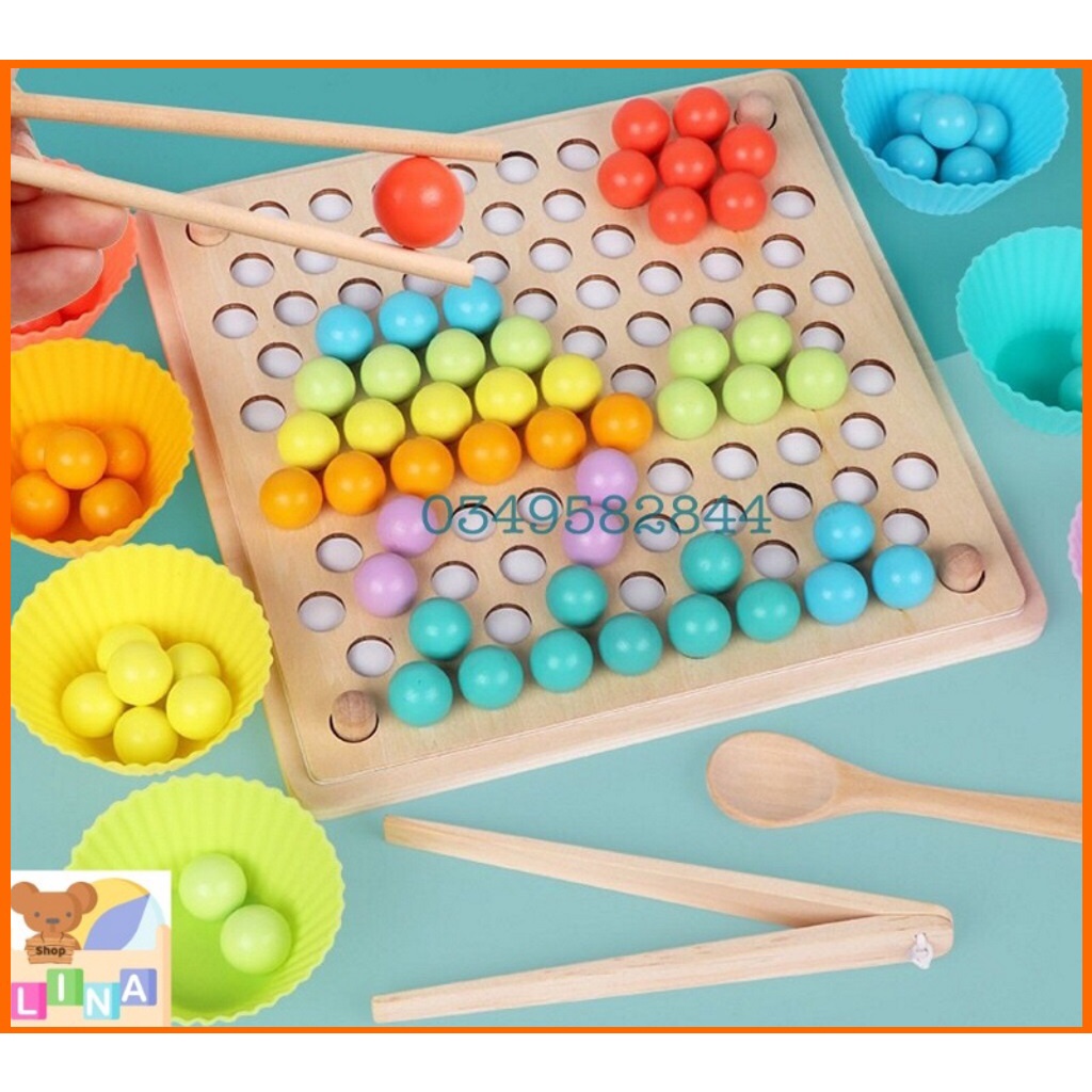 Đồ Chơi Gắp Bi Gỗ Montessori, Bộ Gắp Hạt Kèm Bát Kích Thích Sáng Tạo Cho Bé