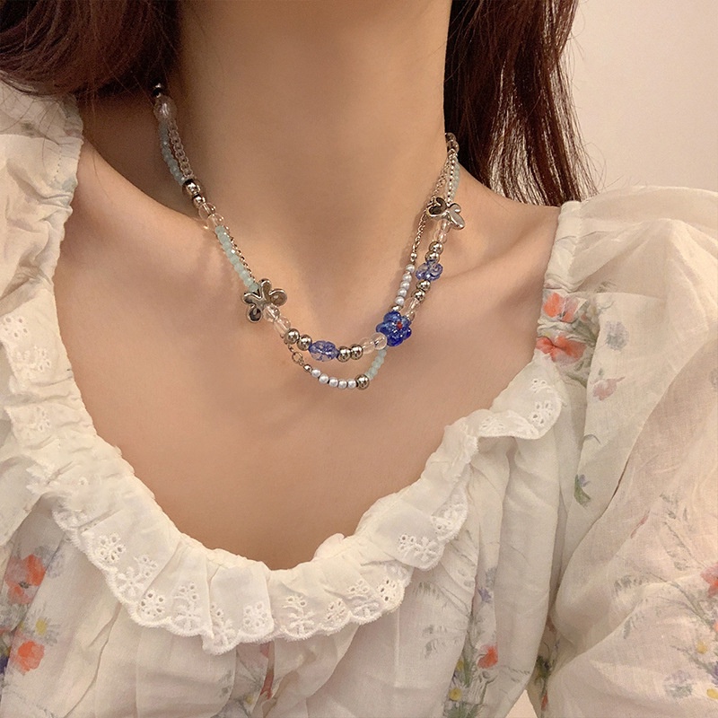 Vòng cổ Hai Lớp Đính Hạt Pha Lê Xanh Dương Và Hoa Thời Trang Mùa Hè Ngọt Ngào