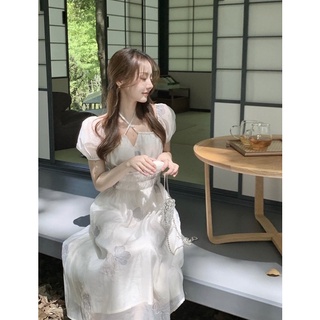 ĐẦM MIDI TRẮNG BO EO HOA TÍM DÂY CỘT CỔ