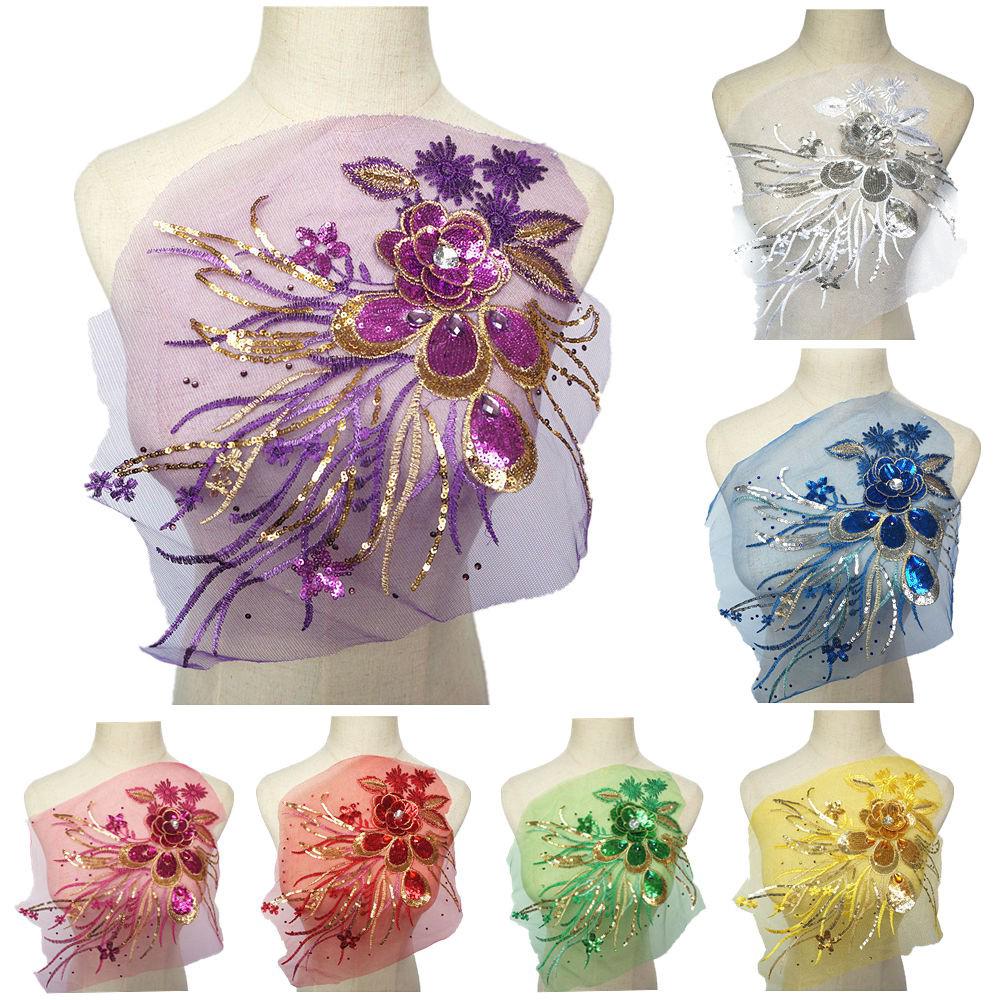Thêu Sequin Con Công Lông Táo May Kim Cương Giả Ren Vải Hoa Cổ Miếng Dán Váy Cưới Thủ Công DIY